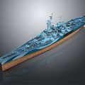 Detailed Battleship 3D Model With Blue Hull Brown Waterline And Turrets On Deck