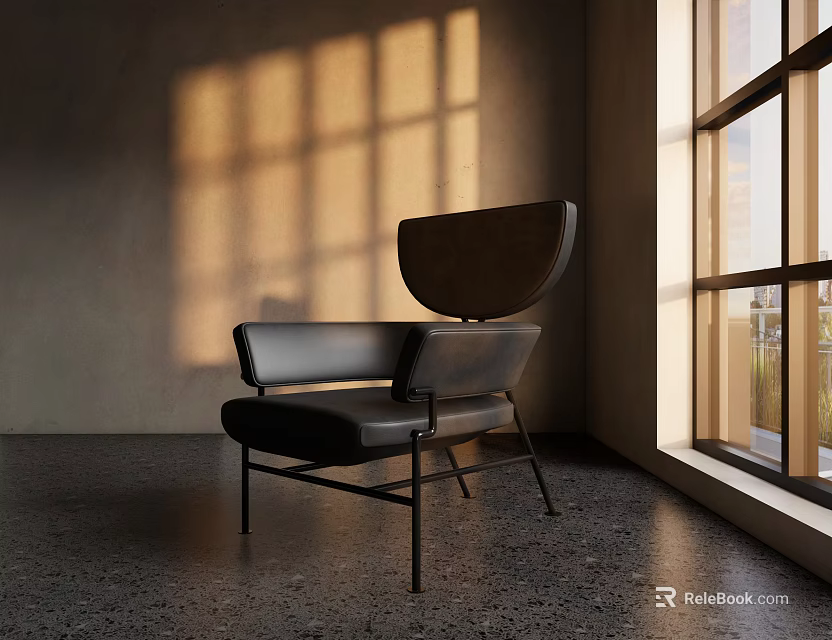 Modern Leather Accent Chair In Sunlight Through Window With Light Shadows On Concrete Floor 3d model 