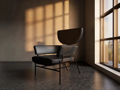 Modern Leather Accent Chair In Sunlight Through Window With Light Shadows On Concrete Floor 3d model