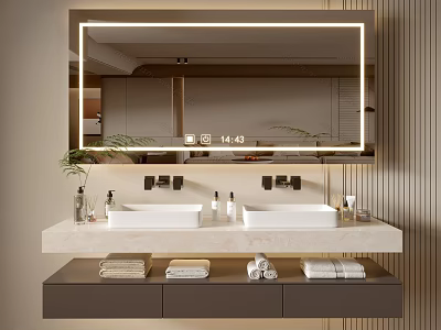 Modern Bathroom Vanity Cabinet with Double Sinks Countertop Mirror Lighting and Towels 3d model
