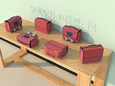 Red Luggage 3D Models Displayed on Wooden Shelf with Various Designs 3d model