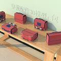 Red Luggage 3D Models Displayed on Wooden Shelf with Various Designs