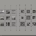 Neatly Arranged Black White Architectural Geometric Photographs On Modern Metal Frame Glass Shelf