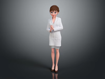 A woman wearing white lab coat and skirt standing with clasped hands against grey background 3d model