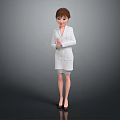 A woman wearing white lab coat and skirt standing with clasped hands against grey background