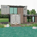 Garden Landscape With Container House Outdoor Greenery Waterfront Seating And Natural Trees