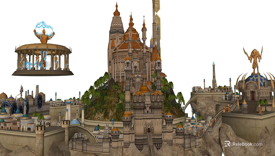 Cartoon Scene of Enchanted Castle with Spires Towers Hilltop Fountain Platform and Bridge 3d model 