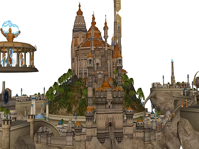 Cartoon Scene of Enchanted Castle with Spires Towers Hilltop Fountain Platform and Bridge 3d model