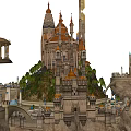 Cartoon Scene of Enchanted Castle with Spires Towers Hilltop Fountain Platform and Bridge