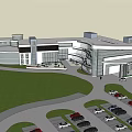 Modern Commercial Complex With Glass Facade Entrance Plaza And Green Landscaping