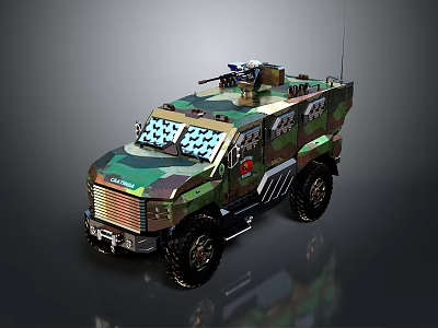Camouflaged Armored Military Vehicle With Roof Mounted Equipment And Off Road Tires 3d model