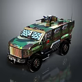 Camouflaged Armored Military Vehicle With Roof Mounted Equipment And Off Road Tires