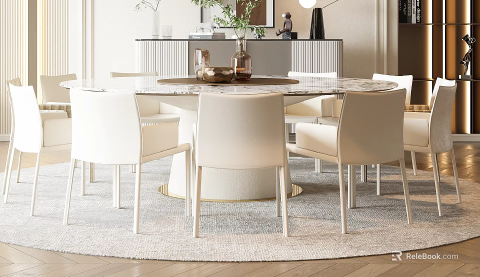 Modern Round Marble Dining Table With White Leather Chairs And Area Rug 3d model 