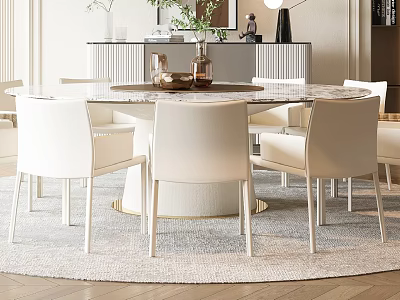 Modern Round Marble Dining Table With White Leather Chairs And Area Rug 3d model