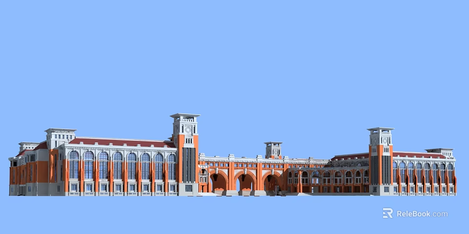 Red And White School Building With Towers Arched Entrances And Classical Exterior 3d model 