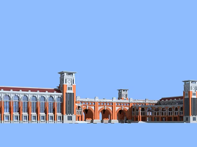 Red And White School Building With Towers Arched Entrances And Classical Exterior 3d model