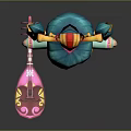 Vibrant Cartoon Character With Teal Double Ponytails Ornate Headdress Colorful Traditional Costume Holding Pink Object