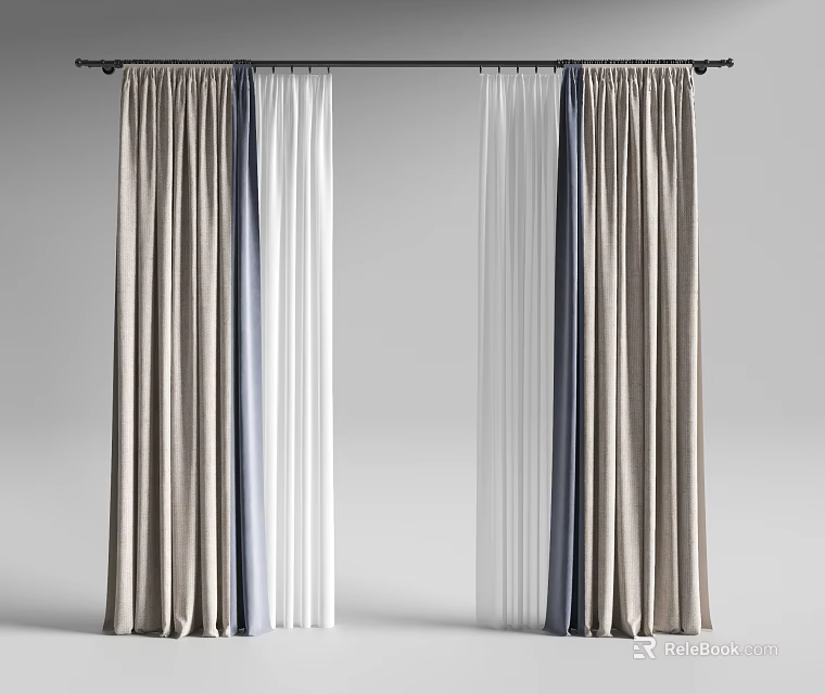 Beige White Blue Multi Colored Curtains With Sheer And Velvet Layers 3d model 