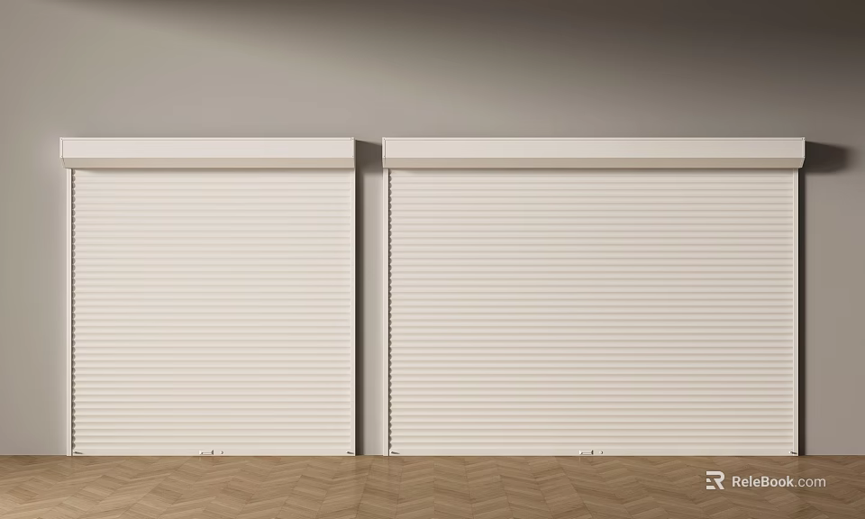 White Roller Shutters Installed On Gray Wall With Herringbone Wood Floor 3d model 