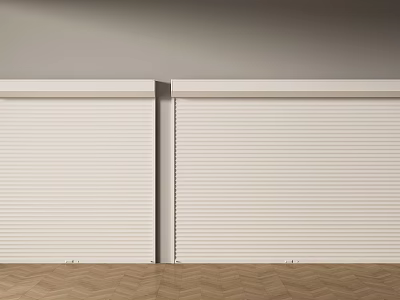 White Roller Shutters Installed On Gray Wall With Herringbone Wood Floor 3d model