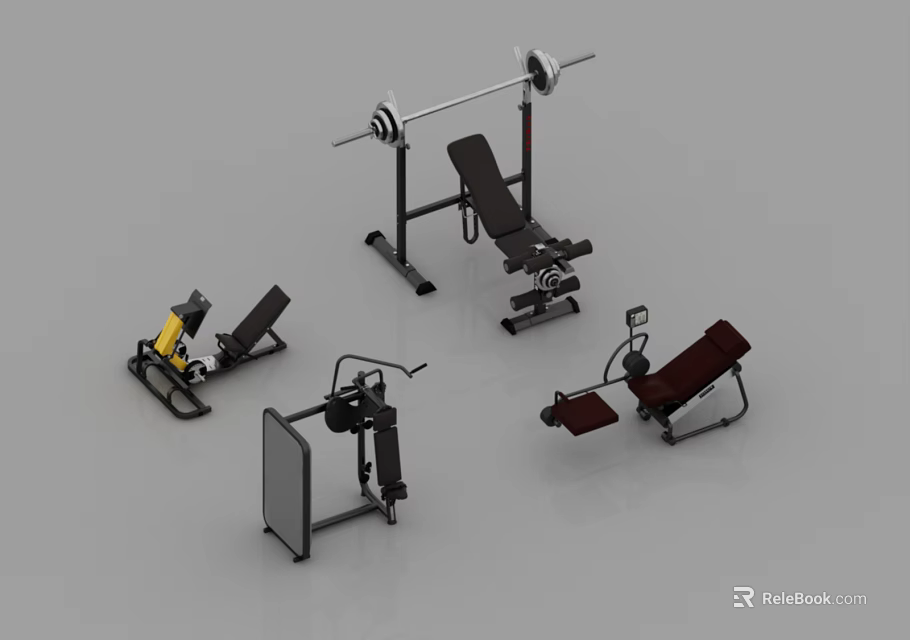 Various Types of Sports Equipment Including Barbell Bench Press Leg Curl and Abdominal Trainer 3d model 