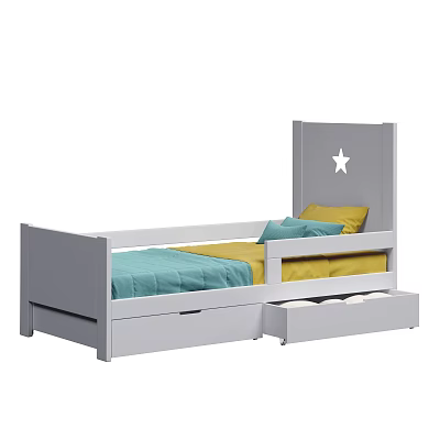 Kids Bed With Grey Headboard White Star Blue Yellow Mattress And Underbed Storage Drawers 3d model