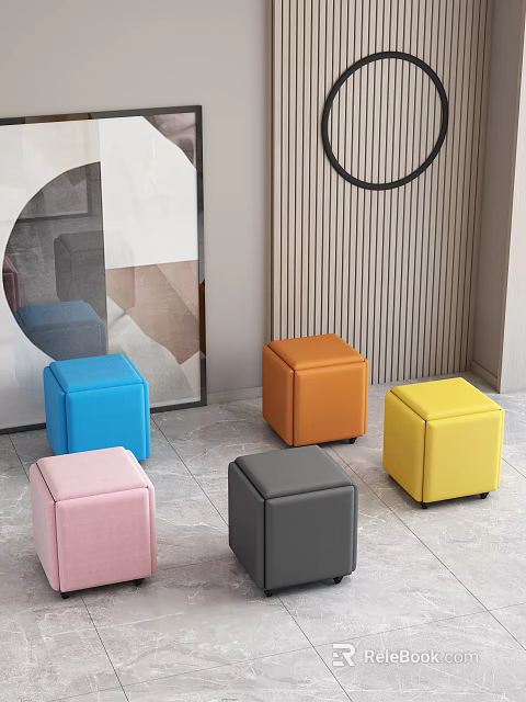 Modern Colorful Square Stools Featuring Blue Pink Gray Orange Yellow Colors For Interior 3d model 