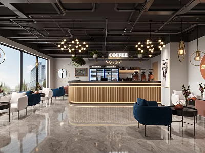 Modern Café Interior Design With Wooden Bar Counter Comfortable Seats Pendant Lights And Green Plants 3d model