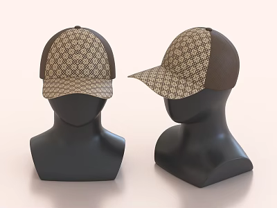 Beige And Dark Brown Patterned Baseball Cap Featuring Mesh Back And Front Bill Design 3d model