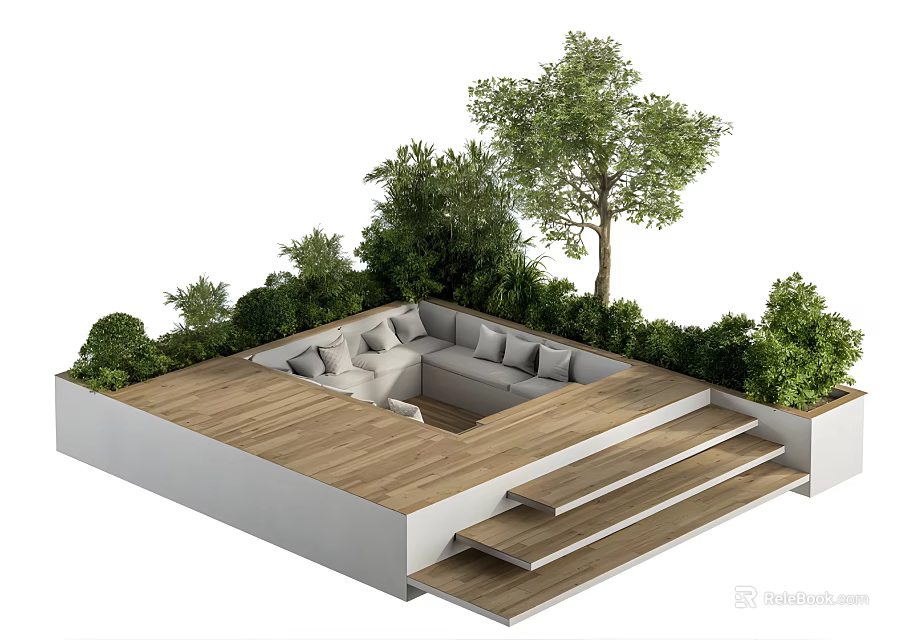Outdoor Corner Sofa on Wooden Deck with Greenery and Steps 3d model