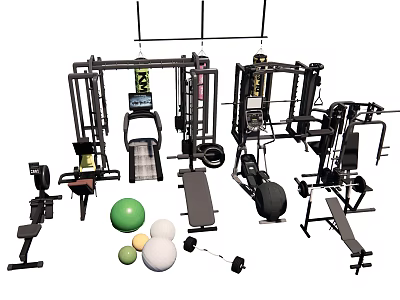 Variety of Sports Equipment Including Strength Training Machines Dumbbells and Exercise Balls 3d model
