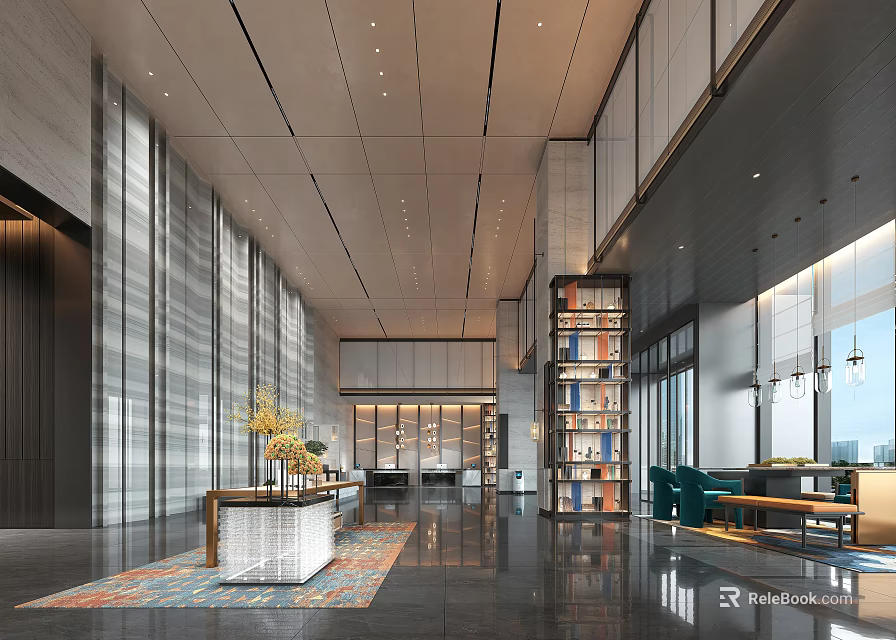 Modern Spacious Hotel Lobby Interior With Marble Reception Desk Bookshelves And Pendant Lights 3d model 