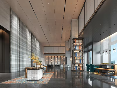 Modern Spacious Hotel Lobby Interior With Marble Reception Desk Bookshelves And Pendant Lights 3d model