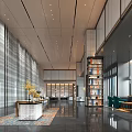 Modern Spacious Hotel Lobby Interior With Marble Reception Desk Bookshelves And Pendant Lights