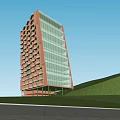 Modern School Building Complex With Red Brick Facade Green Courtyard Lawn And Students