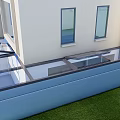 Modern Detached Villa With Blue Base Glass Top Windows And Green Lawn