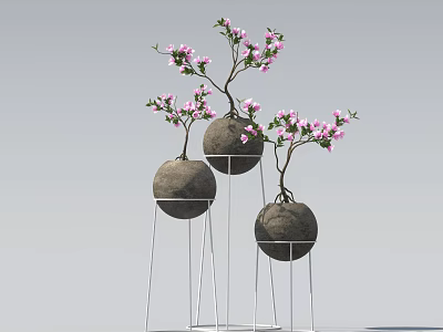 Pink Flowering Plants in Spherical Pots on White Metal Stands 3d model