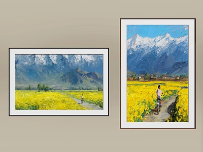 Two Framed Paintings With Snowy Mountains Yellow Flower Fields And People 3d model