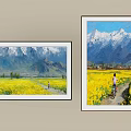 Two Framed Paintings With Snowy Mountains Yellow Flower Fields And People