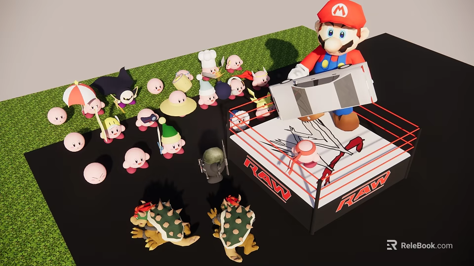 Super Mario Standing In Boxing Ring With Toad And Koopa Troopa Characters And PLAY Sign 3d model 