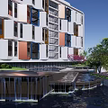 Modern Multistory Residential Building With White And Colorful Panels Greenery And Entrance Steps