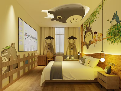 Totoro Themed Hotel Room with Wall Murals Ceiling Lamp and Cozy Bed 3d model