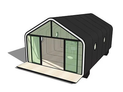 Modern Guesthouse Building With Black Exterior Large Glass Doors And Circular Windows 3d model