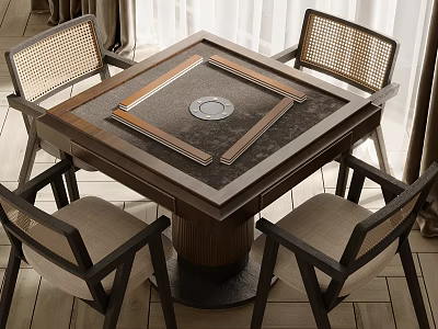 Modern Minimalist Entertainment Table With Square Top Round Center And Four Woven Backrest Chairs 3d model