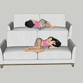 Two Women Lying On White Sofa Wearing Pink Tops And Gray Shorts Resting