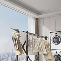 Modern Clothes Rack With Hanging Clothes In Bright Laundry Room Near Washing Machine