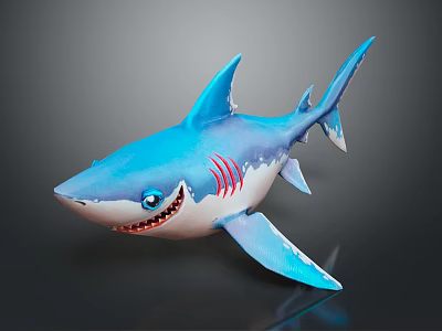 Cartoon Blue Shark Toy With White Body Red Stripes Smiling Face And Blue Eyes 3d model