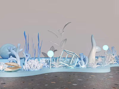 Underwater Themed Decorative Display With Blue Coral Seaweed Shells And Glowing Orbs 3d model