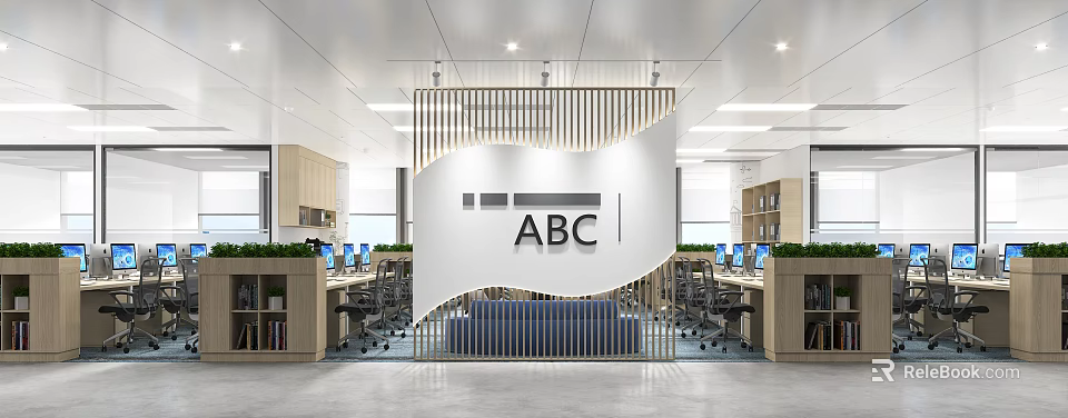 Modern Public Office Interior Design With ABC Logo Open Workstations And Green Plants 3d model