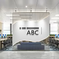 Modern Public Office Interior Design With ABC Logo Open Workstations And Green Plants 3d model